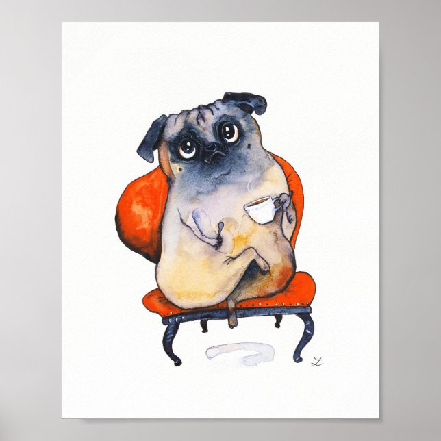 Affiche Carlin mignon avec Tea Cup sur fauteuil rouge Amou (Devant)
