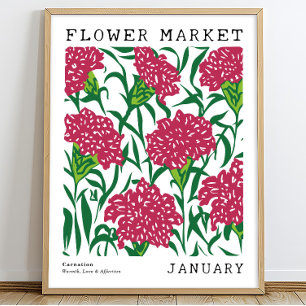 Affiche Carnation rose Florale Janvier Marché aux fleurs d