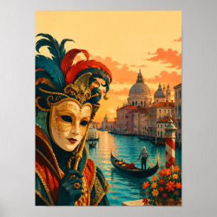Affiche Carnaval de Venise Italie Masque Vénitien Vintage