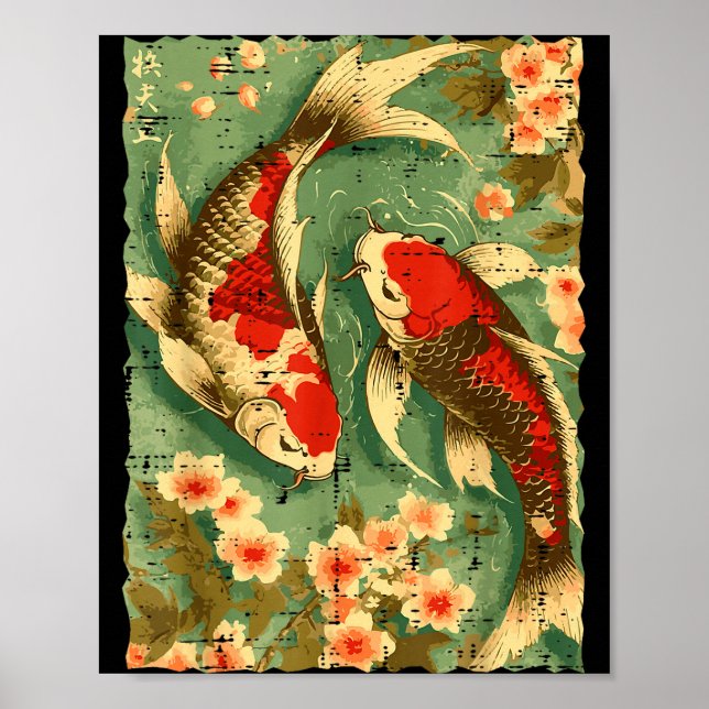 Affiche Carpes Koï Japonaises Fleurs de Cerisier Sakura Ar (Devant)