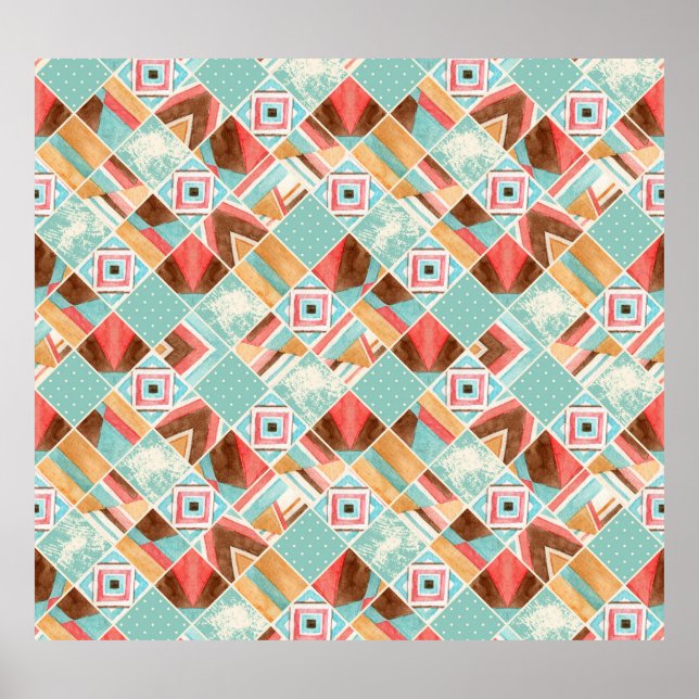 Affiche Carré aquarelle, arrière - plan géométrique patchw (Devant)