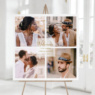 Affiche Carré de bienvenue de mariage or Collage de 4 phot