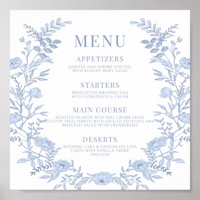 Affiche Carré du menu Mariage Floral Bleu (Devant)