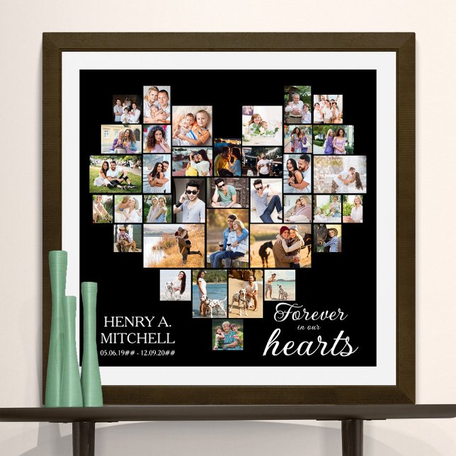 Affiche Carré funéraire en forme de coeur 36 Photo Collage (Funeral memorial poster to order professionally printed or as a printable digital download)