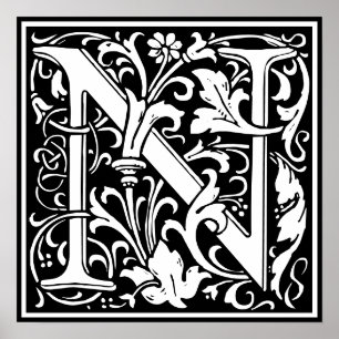 Affiche Carreau de lettre N de monogramme d'alphabet flora