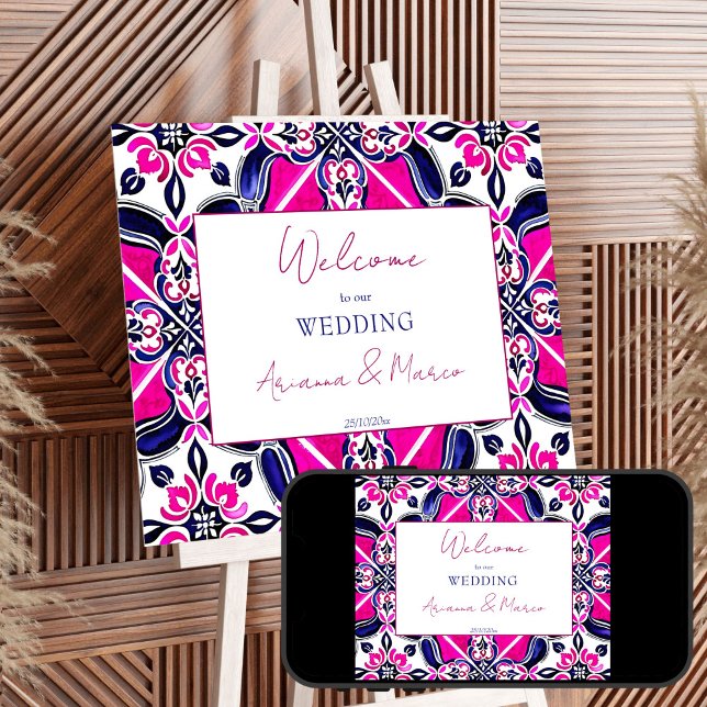 Affiche Carreaux de faïence espagnol bleu rose mariage bie (Pink blue Spanish Talavera Mexican tiles wedding welcome sign Poster editable template download)