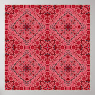 Affiche Carreaux floraux en rouge et rose pastèque