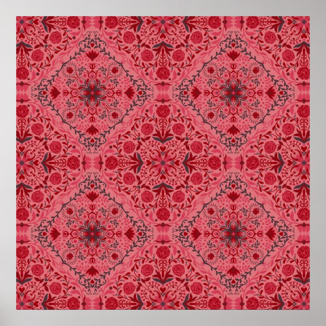 Affiche Carreaux floraux en rouge et rose pastèque (Devant)