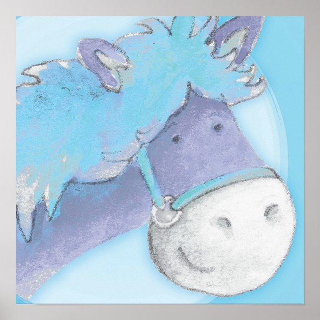 Affiche carrée bébé bleu art poney pour enfants (Devant)