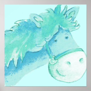 Affiche carrée d'art de poney pour enfants aqua et