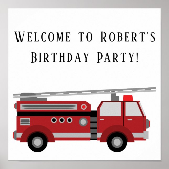 Affiche carrée fête d'anniversaire Camion de pompi (Devant)
