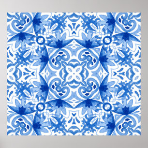 Affiche Carrelage blanc bleu, motif aquarelle sans couture