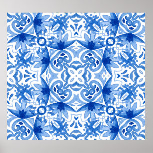 Affiche Carrelage blanc bleu, motif aquarelle sans couture