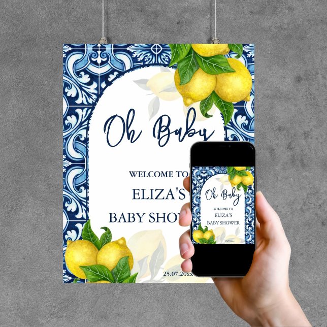 Affiche Carrelage bleu citron Amalfi baby shower panneau d (Blue tiles lemon Amalfi baby shower welcome sign template digital download personalized decor)