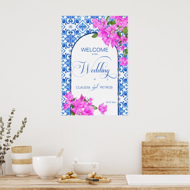 Affiche Carrelage bleu et Bougainvillier élégant panneau d (Cuisine)