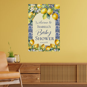 Affiche Carrelage bleu italien aquarelle bébé citron bienv