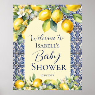 Affiche Carrelage bleu italien aquarelle bébé citron bienv