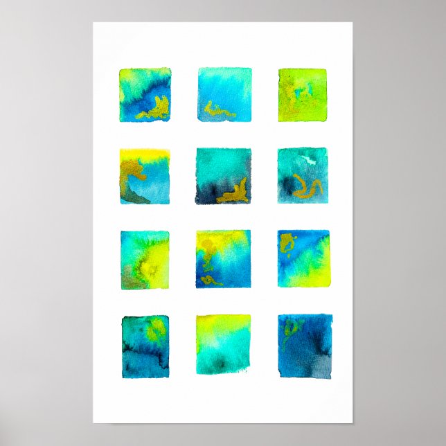 Affiche Carrés bleus aquarelle abstrait (Devant)
