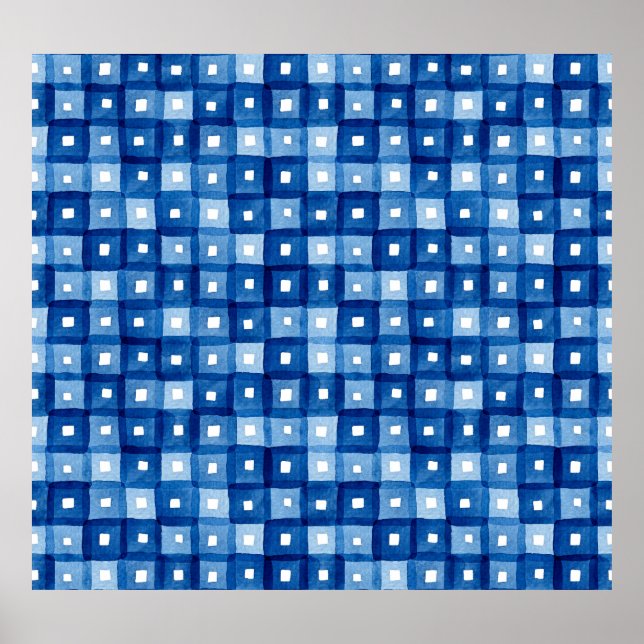 Affiche Carrés Bleus, Aquarelle Mosaïque sans joint. (Devant)