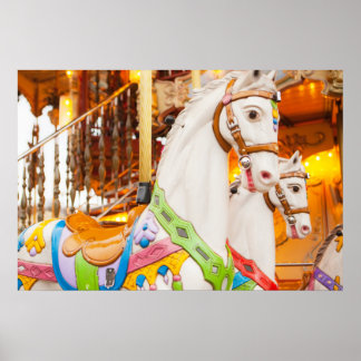 Affiche Carrousel Chevaux heureux, couleur vert rose Poste