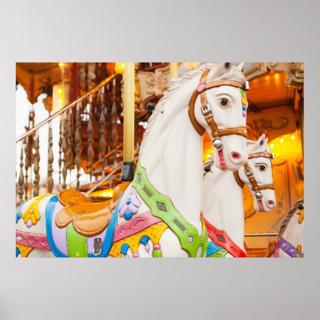 Affiche Carrousel Chevaux heureux, couleur vert rose Poste (Devant)