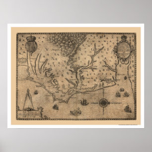 Affiche Carte 1590 de la Virginie de baie de chesapeake