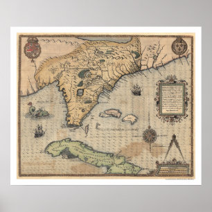 Affiche Carte 1591 du Cuba et de la Floride