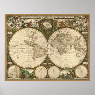 Affiche Carte 1660 du monde d'antiquité par Frederick de