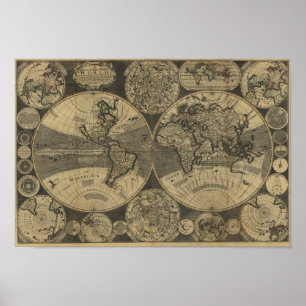 Affiche Carte 1702 vintage du monde d'antiquité par George