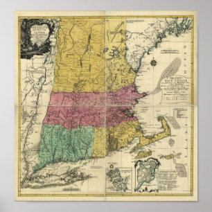 Affiche Carte 1777 de la Nouvelle Angleterre de cru