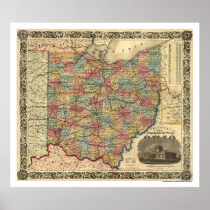 Affiche Carte 1854 de chemin de fer de l'Ohio