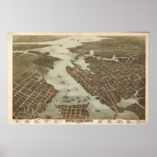Affiche Carte 1873 panoramique de Norfolk-Portsmouth VA