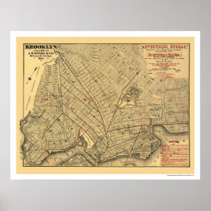 Affiche Carte 1874 de chemin de fer de ville de Brooklyn