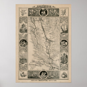 Affiche Carte 1876 de la Californie