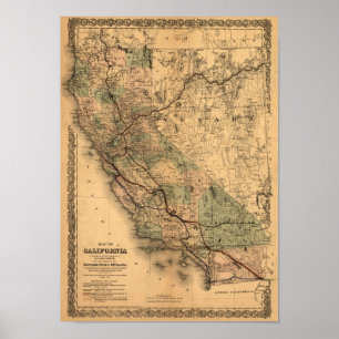 Affiche Carte 1876 de la Californie de cru