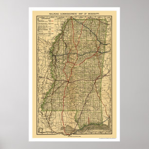 Affiche Carte 1888 de chemin de fer du Mississippi
