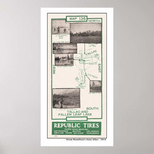 Affiche Carte 1914, lac Fallen Leaf et Tallac (Devant)