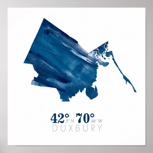 Affiche Carte à l'aquarelle bleue de Duxbury, MA, avec coo (Devant)