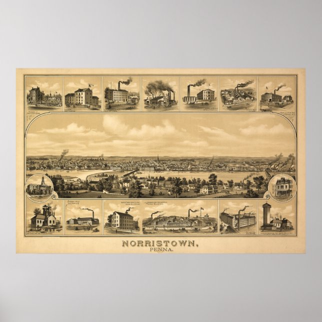 Affiche Carte aérienne 1881 Norristown PA Pennsylvanie (Devant)