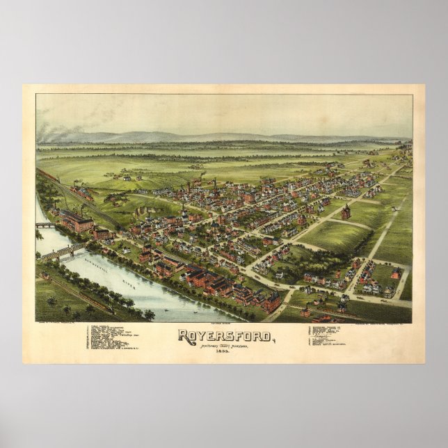 Affiche Carte aérienne 1893 Royersford PA Pennsylvanie (Devant)