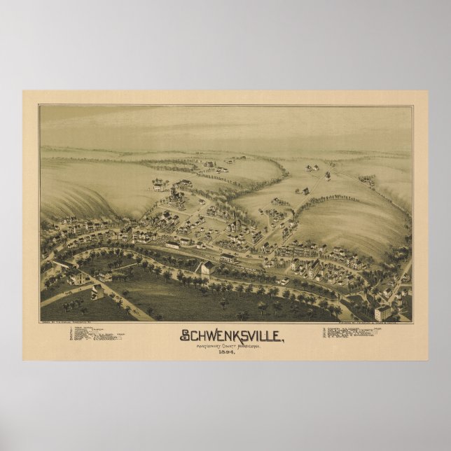 Affiche Carte aérienne 1894 Schwenksville PA Pennsylvanie (Devant)