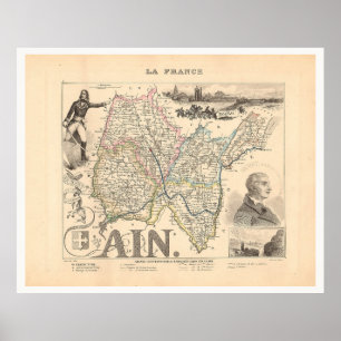 Affiche Carte Ain Department France 1858 Alexandre Vuillem