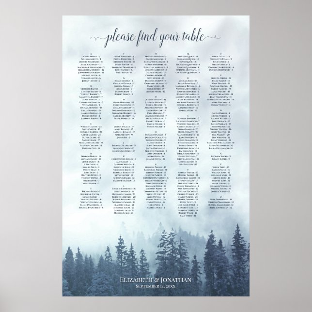 Affiche Carte alphabétique de la forêt de pin bleu foncé (Devant)