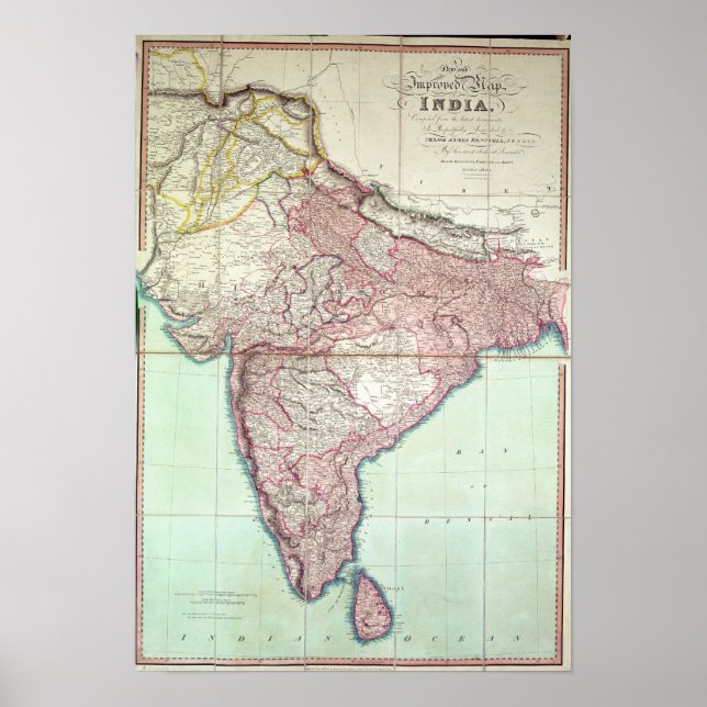 Affiche Carte améliorée de l'Inde publiée à Londres 1820 (Devant)