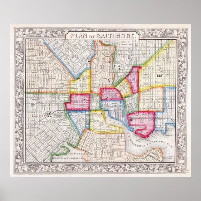 Affiche Carte ancienne de Baltimore, 1860 (Devant)