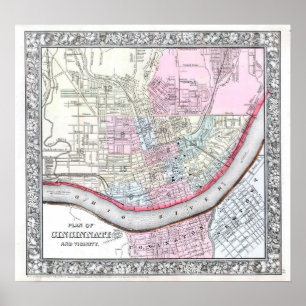 Affiche Carte ancienne de Cincinnati, 1864
