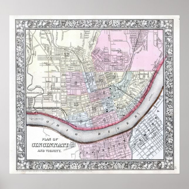 Affiche Carte ancienne de Cincinnati, 1864 (Devant)
