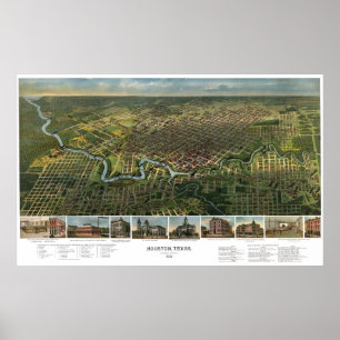 Affiche Carte ancienne de Houston, Texas avec la rivière B