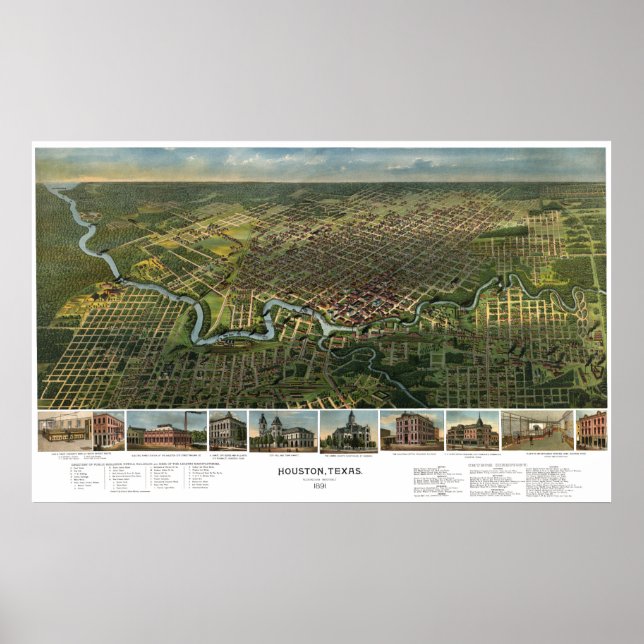Affiche Carte ancienne de Houston, Texas avec la rivière B (Devant)
