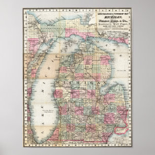 Affiche Carte ancienne de la région du Michigan 1878